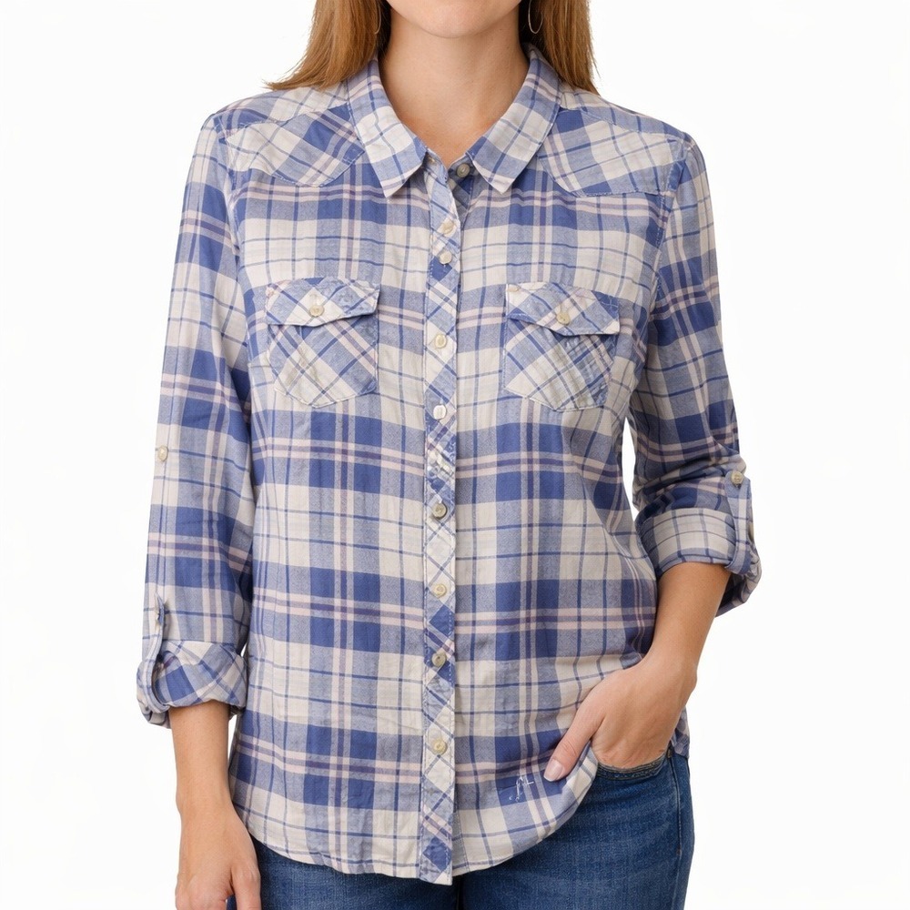 Torrid  Blue‎ Plaid Button Up Shirt Boyfriend Roll-Tab Size 0 (Womens Large 12)